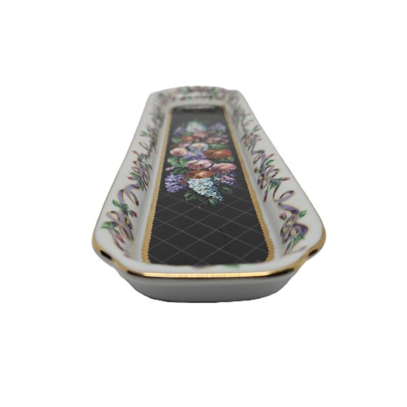 Neiman Marcus Porcelain Letter Opener Tray, Black with Flowers, Gold Trim - Picture 4 of 9